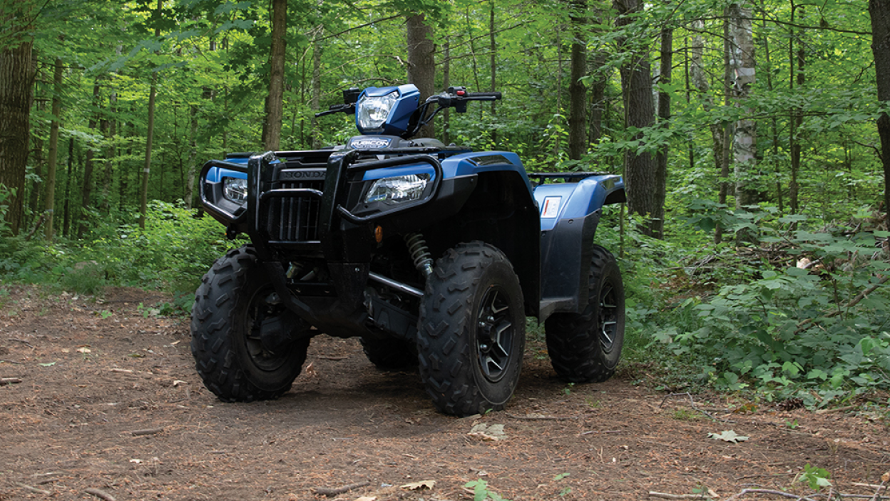 A parked Honda Rubicon in a shady forest