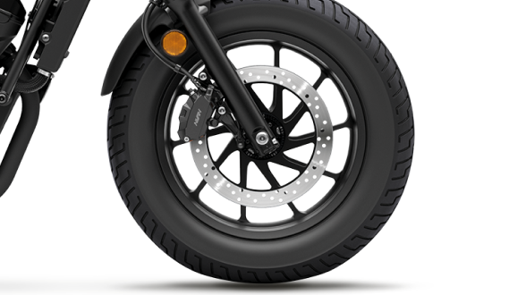 A close up of ABS brakes on a Honda Cruiser motorcycle