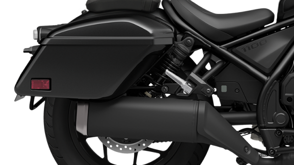 A close up of optional saddlebags on a Honda Rebel
