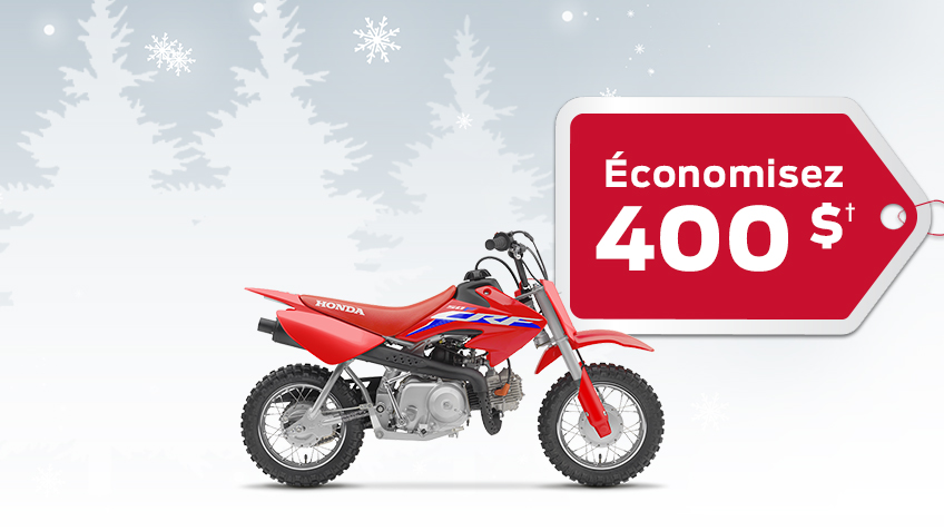 Un CRF50f sur un fond d'hiver avec des flocons de neige avec une économie d'étiquette cadeau de 400 $ annonçant un rabais de 400 $