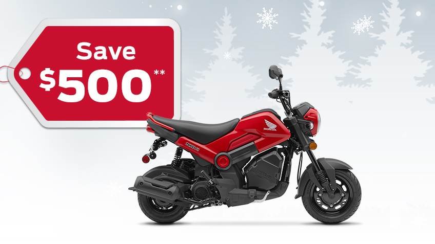 A Honda Navi on a winter background with snowflakes with a save $500 gift tag advertising a $500 discount