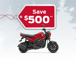 A Honda Navi on a winter background with snowflakes with a save $500 gift tag advertising a $500 discount